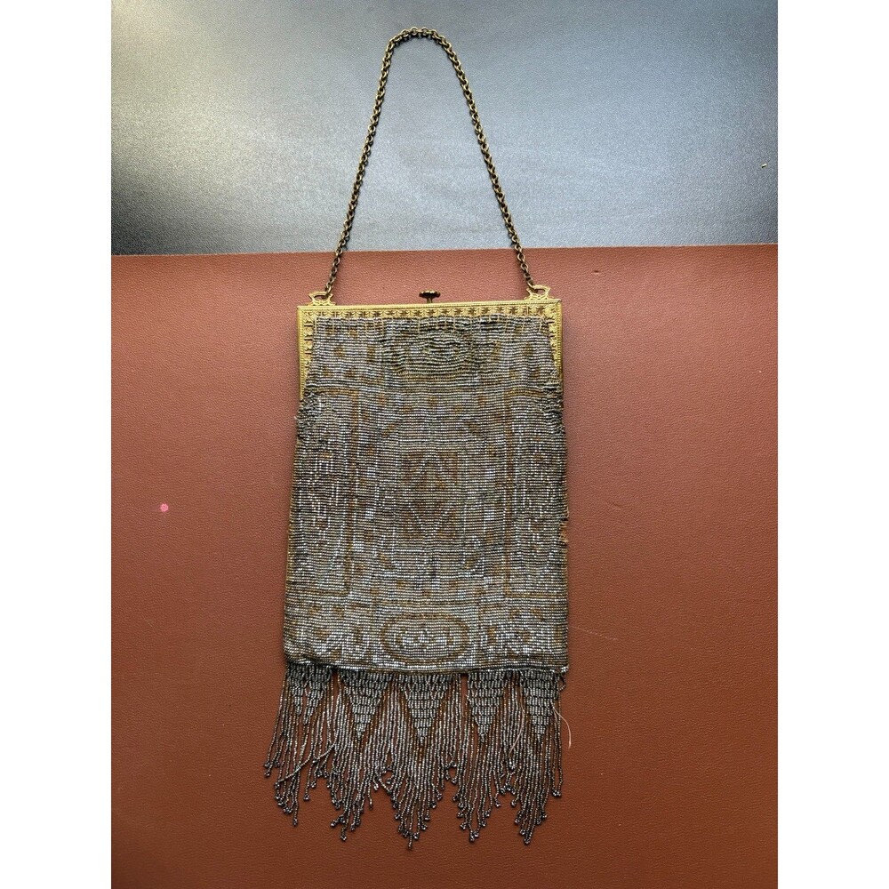 Antique FRENCH Art Deco Gold Silver Handmade Steel Beaded Fringe Flapper Purse - Picture 10 of 10